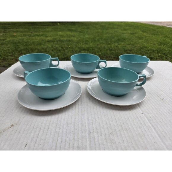 Set 14 Vintage MCM Melmac Durawear White & Turquoise Coffee Cups Berry Bowls - Picture 12 of 13